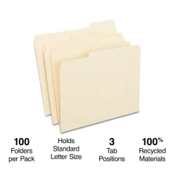 Staples 100% Recycled File Folders, 1/3-Cut Tab, Letter Size, 100/Box (ST246850/246850)