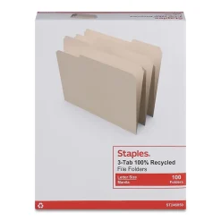 Staples 100% Recycled File Folders, 1/3-Cut Tab, Letter Size, 100/Box (ST246850/246850)