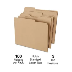 Staples 100% Recycled File Folder, 1/3-Cut Tab, Letter Size, Kraft, 100/Box (ST756044-CC)