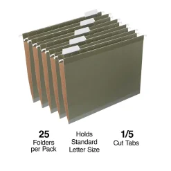 Staples 100% Recycled Reinforced Hanging File Folder, 1/5-Cut Tab, Letter Size, Standard Green, 25/Box (TR16403)
