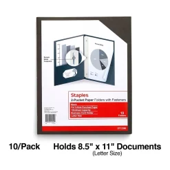 Staples 10% Recycled Smooth 2-Pocket Paper Presentation Folder with Fasteners, Black, 10/Pack (13386-US)