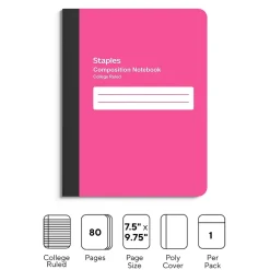 Staples Composition Notebook, 7.5" x 9.75", College Ruled, 80 Sheets, Pink (ST55084)