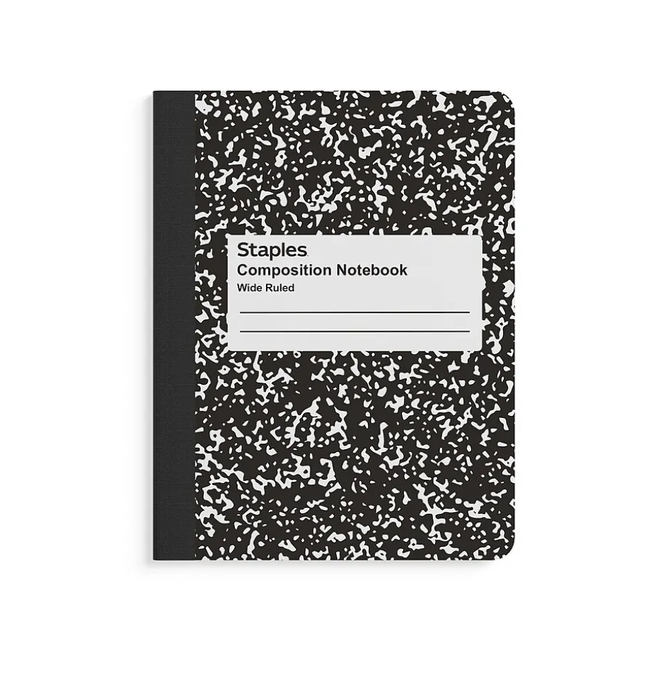 Staples® Composition Notebooks, 7.5" x 9.75", Wide Ruled, 100 Sheets, Black/White Marble, 4/Pack (ST58369)