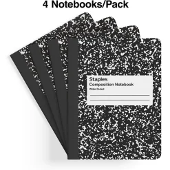 Staples® Composition Notebooks, 7.5" x 9.75", Wide Ruled, 100 Sheets, Black/White Marble, 4/Pack (ST58369)