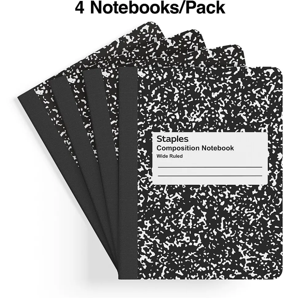 Staples® Composition Notebooks, 7.5" x 9.75", Wide Ruled, 100 Sheets, Black/White Marble, 4/Pack (ST58369)