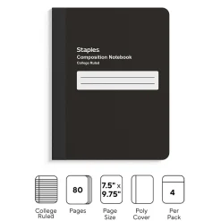 Staples Composition Notebook, 7.5" x 9.75", College Ruled, 80 Sheets, Black, 4/Pack (ST58293)