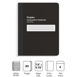 Staples Composition Notebook, 7.5" x 9.75", Black, 4/Pack (TR58294)