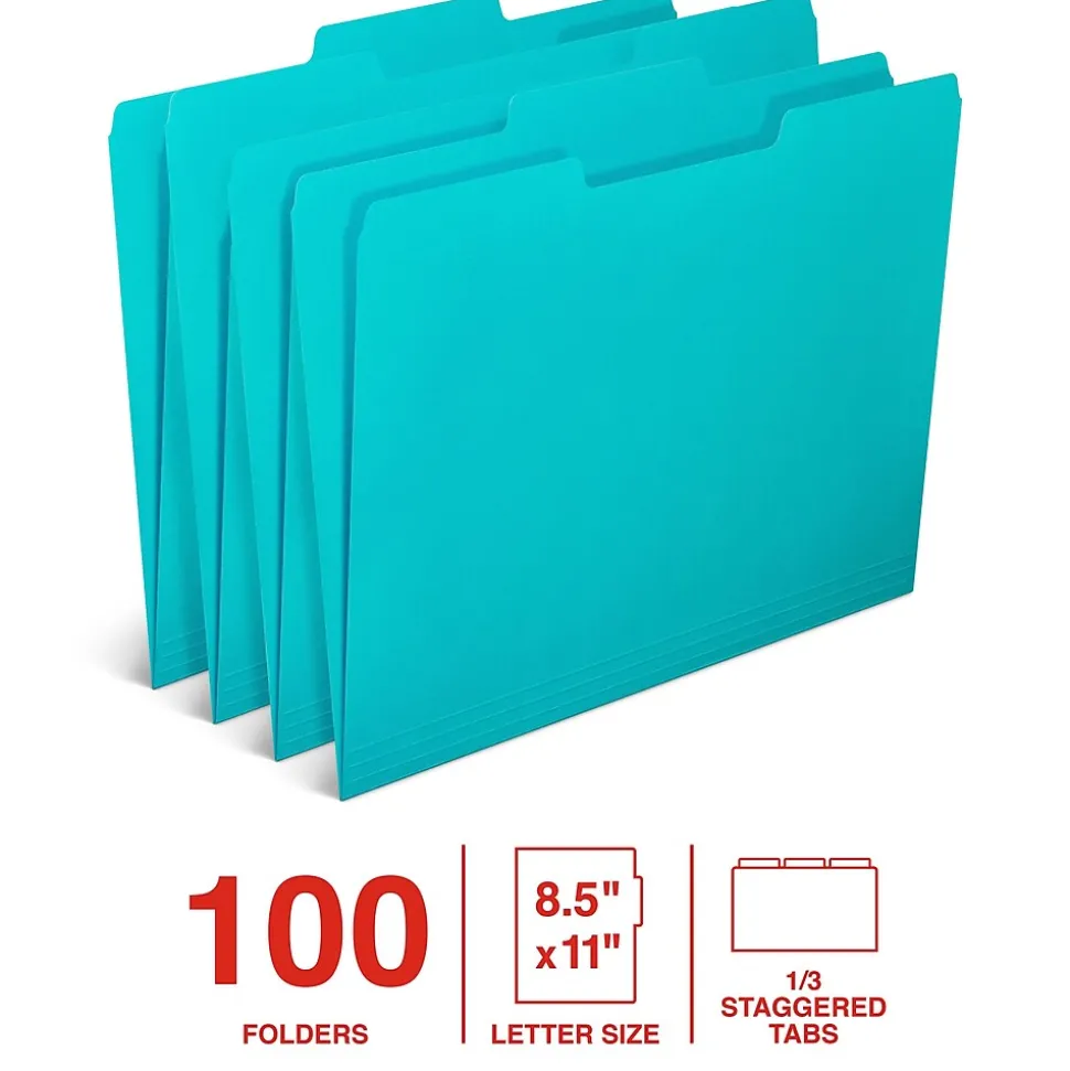 Staples File Folder, 1/3-Cut Tab, Letter Size, Teal, 100/Box (ST62567)
