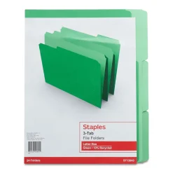 Staples File Folders, 1/3-Cut Tab, Letter Size, Green, 24/Pack (22948-US)