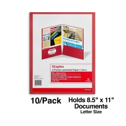 Staples Glossy 2-Pocket Paper Folder, Red, 10/Pack (13374-CC)