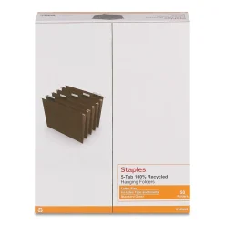 Staples Hanging File Folders, 1/5-Cut Tab, LLetter Size, Standard Green, 50/Box (45444-US)