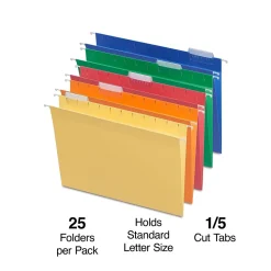 Staples® Heavy Duty Bright Colored Hanging File Folders, 1/5-Cut Tab, Letter Size, Assorted Colors, 25/Box (ST875411-CC)