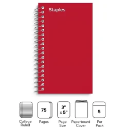 Staples® Memo Books, 3" x 5", College Ruled, Assorted Colors, 75 Sheets/Pad, 5 Pads/Pack (TR11493)