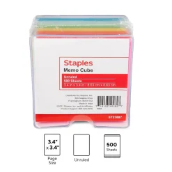 Staples Memo Cube Memo Pad, 3.4" x 3.4", Unruled, Assorted Colors, 500 Sheets/Pad (23887)