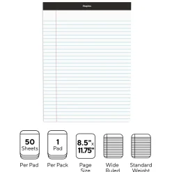 Staples Notepad, 8.5" x 11.75", Wide, White, 50 Sheets/Pad (20499)