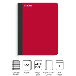 Staples® Premium Composition Notebooks, 7.5" x 9.75", College Ruled, 100 Sheets, Red (TR58344M CC)