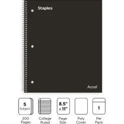 Staples Premium Poly 5-Subject Notebook, 8.5" x 11", College Ruled, 200 Sheets, Black (ST58317)