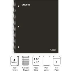 Staples Premium Poly 3-Subject Notebook, 8.5" x 11", College Ruled, 150 Sheets, Black (ST58313)