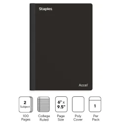 Staples Premium 2-Subject Notebook, 6" x 9.5", College Ruled, 100 Sheets, Black (TR58325)