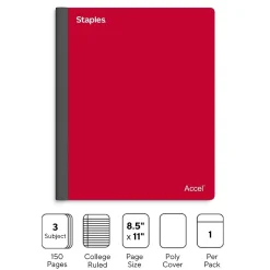 Staples Premium 3-Subject Notebook, 8.5" x 11", College Ruled, 150 Sheets, Red (ST58332)