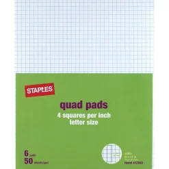 Staples® Quadrille Graph Pads, 50 Sheets, 4 Squares Per Inch, White, 8 1/2"H x 11"W, 36/Ct