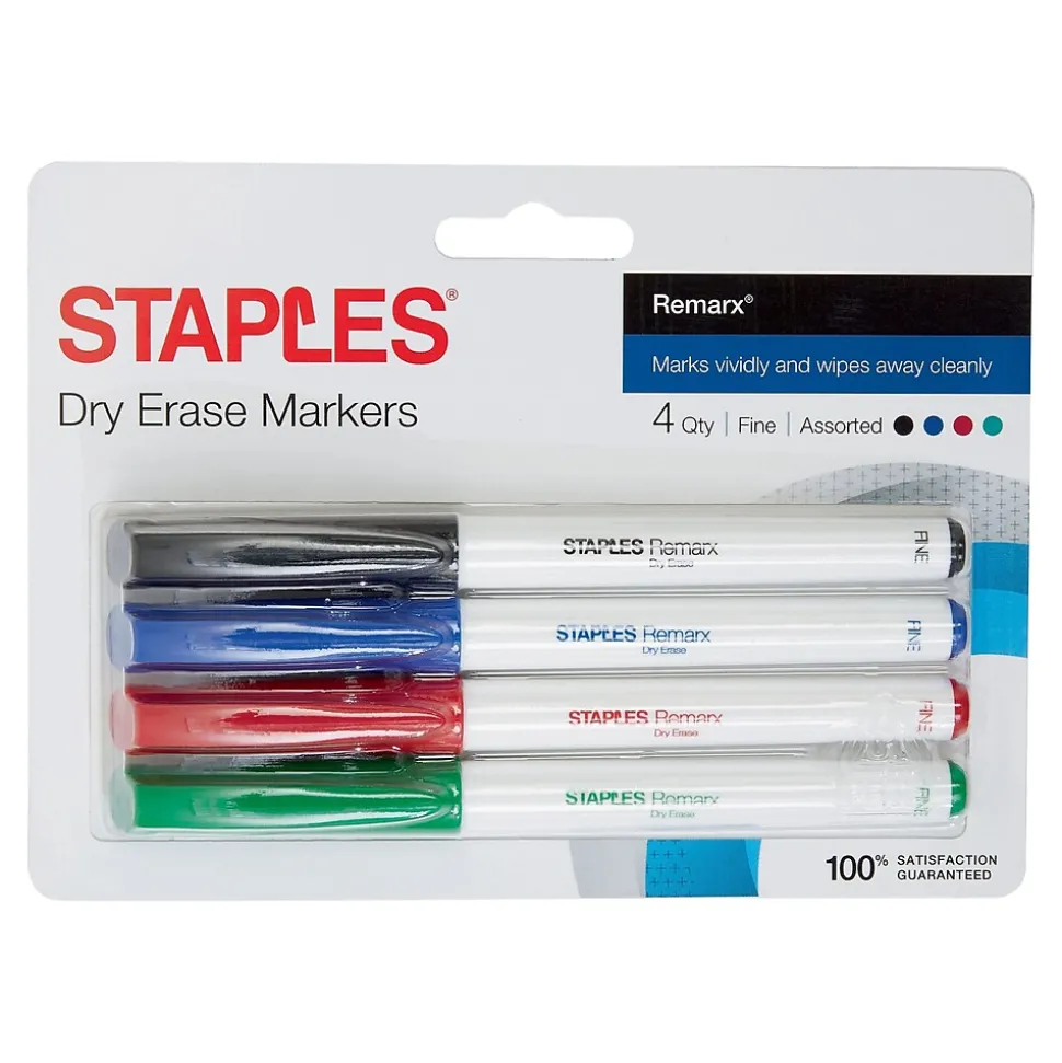 Staples Remarx Dry Erase Markers, Fine Point, Assorted, 4/Pack (29207)
