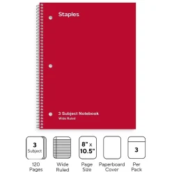 Staples 3-Subject Notebook, 8" x 10.5", Wide Ruled, 120 Sheets, Assorted Colors, 3/Pack (TR11669)