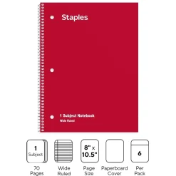 Staples 1-Subject Notebooks, 8" x 10.5", Wide Ruled, 70 Sheets, Assorted Colors, 6/Pack (ST11667C)
