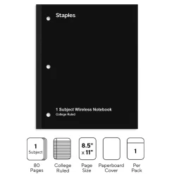 Staples Wireless 1-Subject Notebook, 8.5" x 11", College Ruled, 80 Sheets, Black (ST58377C)