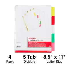 Staples Write-On Dividers, 5-Tab, Assorted Colors, 4/Pack (13509/23176)