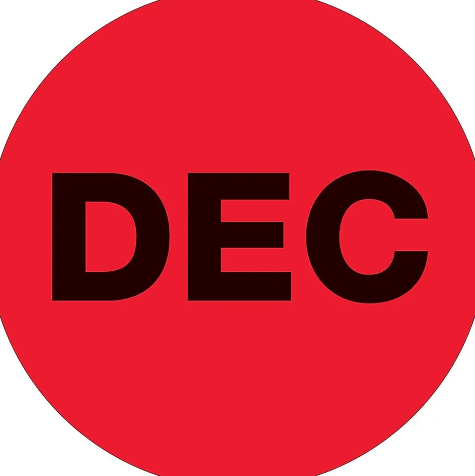 Tape Logic 1" Circle "DEC" Month of the Year Labels, Fluorescent Red, 500/Roll