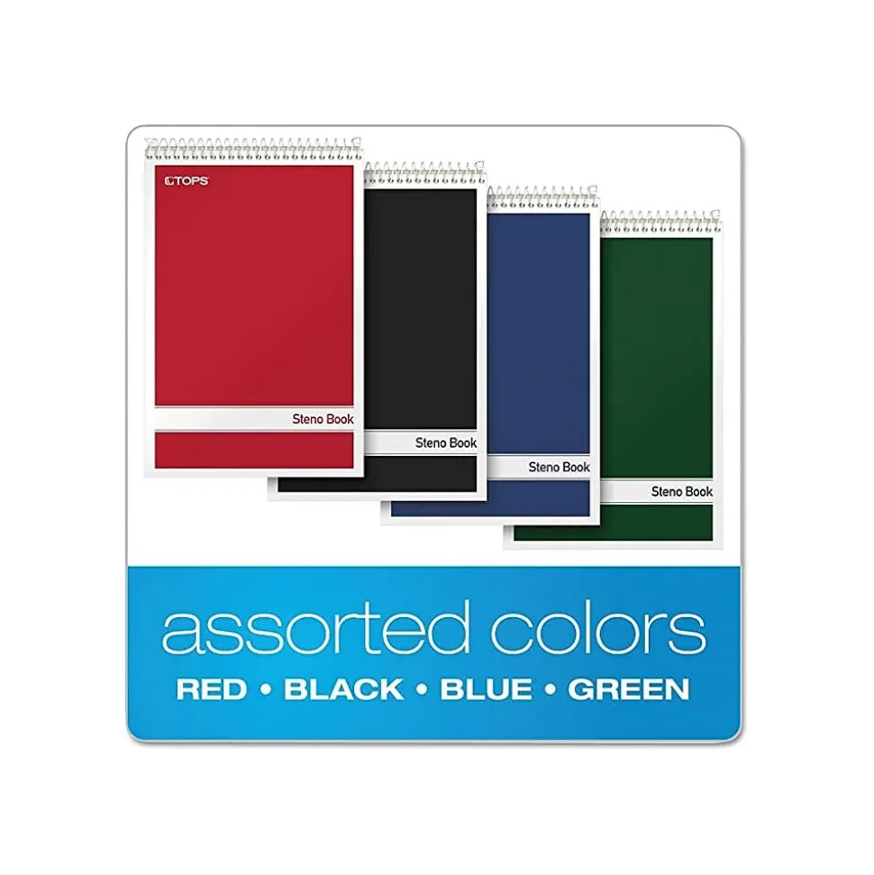 TOPS Steno Book, 6" x 9", Gregg Ruled, 80 Sheets, Assorted Colors, 4/Pack (80221)