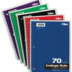 TOPS 1-Subject Notebook, 8" x 10.5", College Ruled, 70 Sheets, Assorted Colors (TOP 65021)