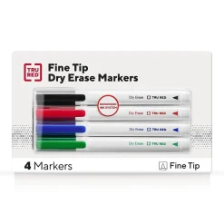 TRU RED™ Pen Dry Erase Markers, Fine Tip, Assorted, 4/Pack (TR61457/TR54562)