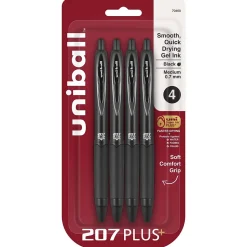 uni-ball 207 Plus+ Retractable Gel Pens, Medium Point, 0.7mm, Black Ink, 4/Pack (70460)